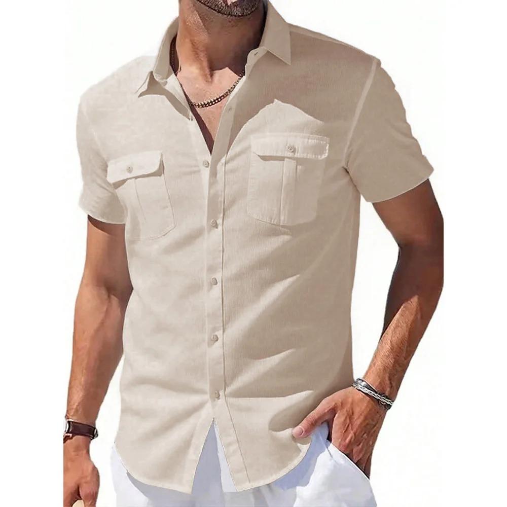 Men's Cotton Linen Shirts Short Sleeve Summer Breathable Turn-Down Collar Casual Button-Down Shirt