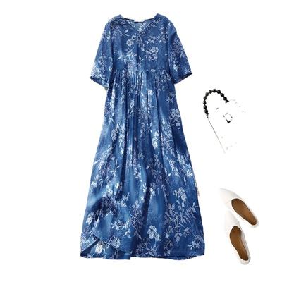Реальное фото Летнее новое платье с V-образным вырезом с принтом выше колена Свободное Ретро Синее цветочное платье Женская одежда
