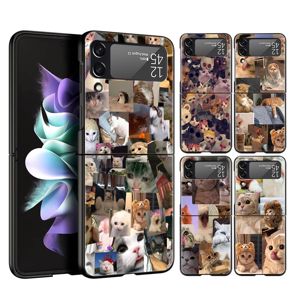 Z Flip 4 Phone Case for Samsung Galaxy Z Flip 3 5G ZFlip3 Flip3 Zflip Flip4 Black Hard Cover Cat Meme Funny Animals Shell Coque