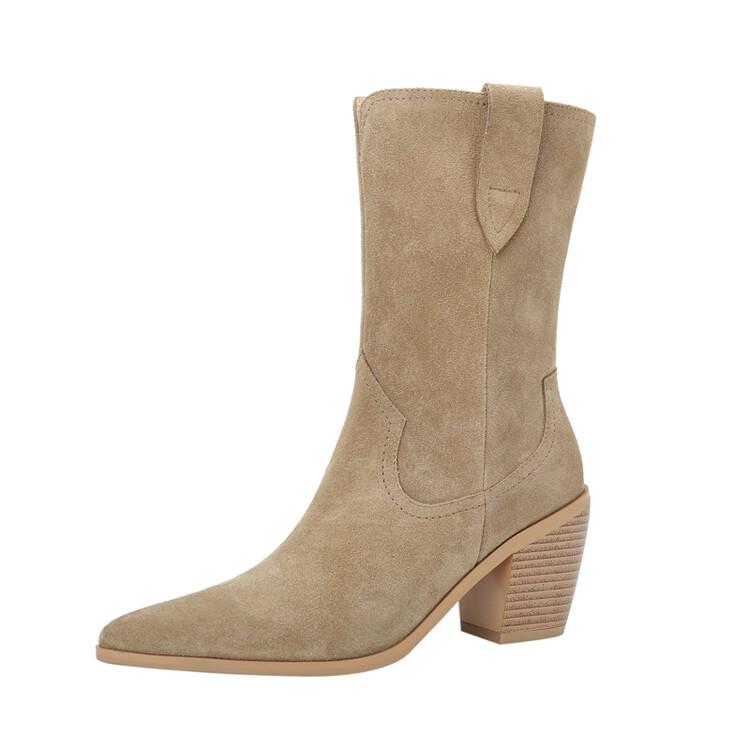 Мода 2025 Новые осенне-зимние женские ботинки Остроносые на толстом каблуке Короткие ботинки Ковбойские ботинки из коровьей замши Обувь для женщин Высокие каблуки
