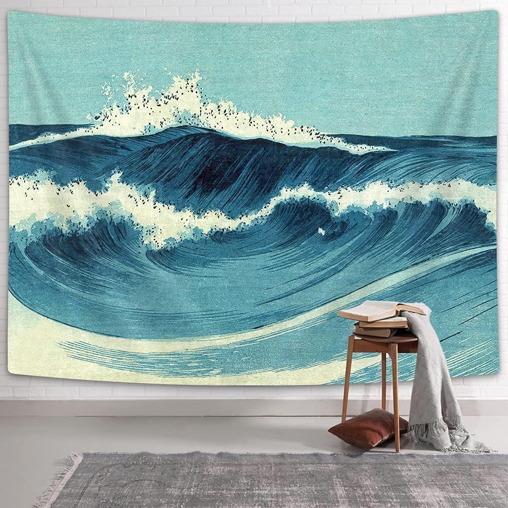 Ydbkt Retro Ocean Tapestry Wall Hanging, Blue Abstract Wave Wall Art, 40L" x 60W", Bedroom Decor