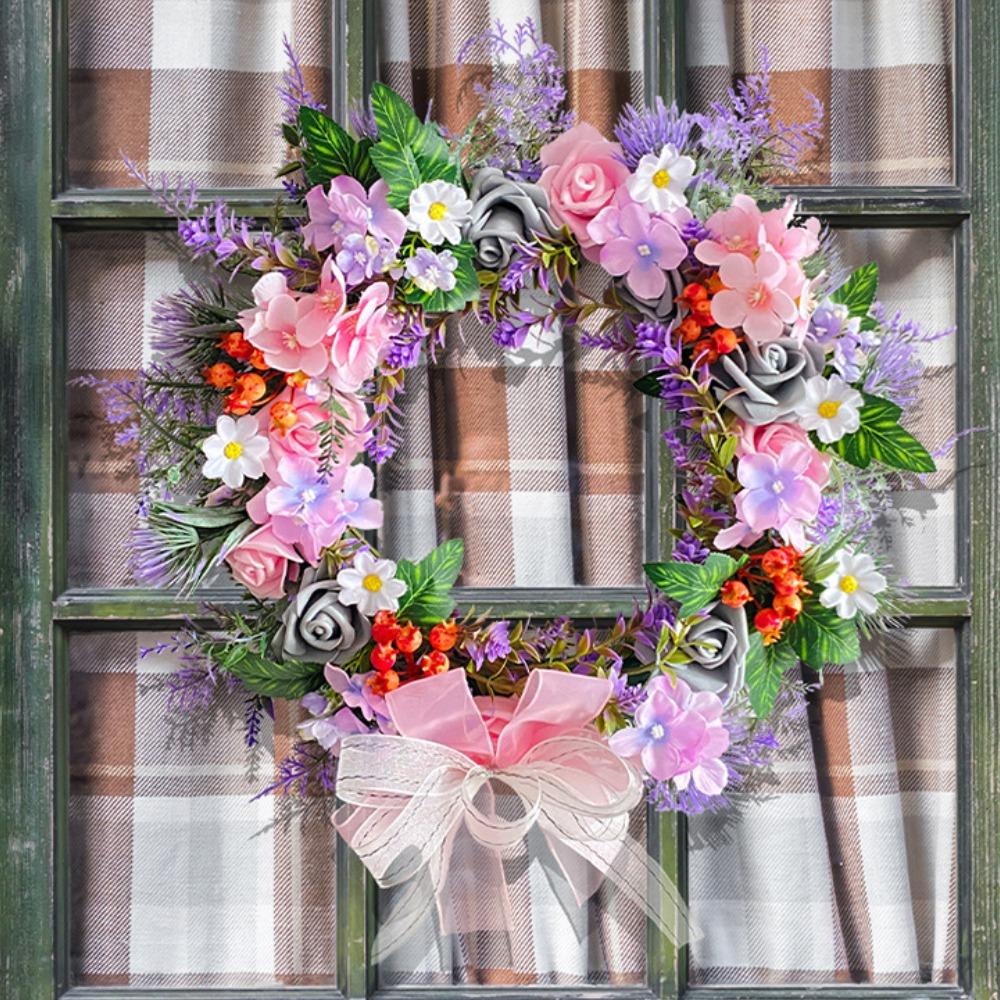 Розовый фиолетовый венок, весенний летний венок для входной двери, полевые цветы, лавандовые цветы для внутреннего и наружного оформления деревенского фермерского дома, свадебный венок