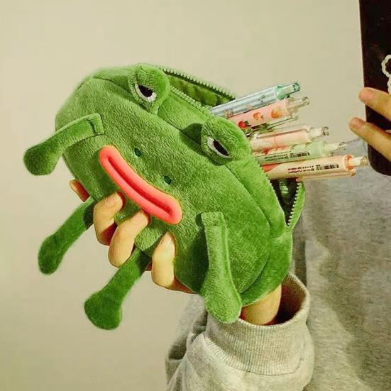 Пенал Лягушка в очках Дизайн Плюшевый Тканевый Пенал Большое Отверстие на Молнии Органайзер для Канцелярских Принадлежностей