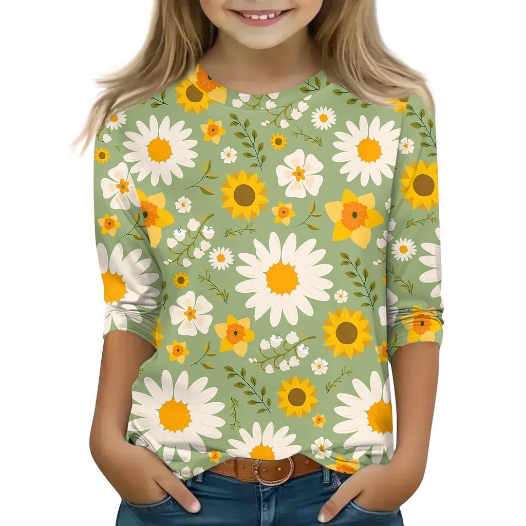 Детская футболка с рукавом 3/4, повседневная футболка с принтом, круглый вырез, блузка-пуловер