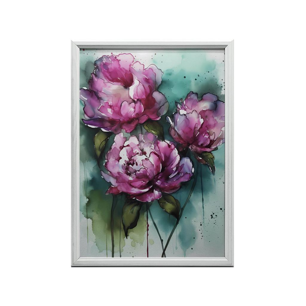 Розовые Пионы На Зеленом Фоне Розовые Пионы На Зеленом Фоне, 30x40 См, Черная Алюминиевая Рама, Матовая Бумага 230 г/м²
