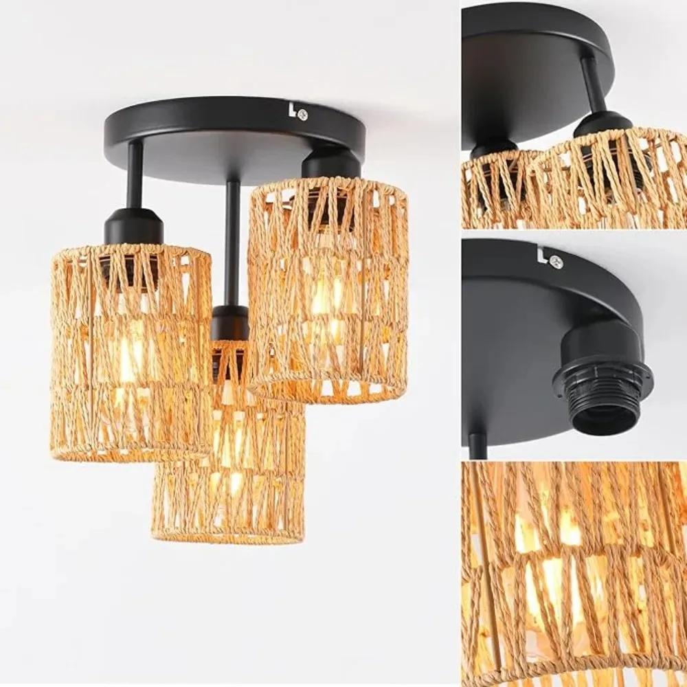 Retro Vine Pendant Light 3-Lights Rattan Light Fixture Light Chandelier Lighting Hand-woven Wicker Ceiling Light Restaurant