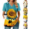 Women's Pleated V-neck Short Sleeved Sunflower Print T-shirt Business Casual Shirt
