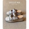 Sheepskin version~ Platform slippers women's summer wear is beautiful with skirts, straw-woven muffin shoes, wedge heels, Birkencool slippers