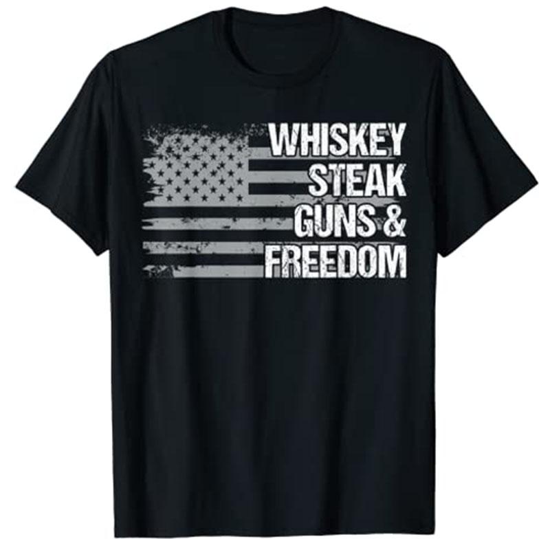 Dad Grandpa Veteran US Flag Whiskey Steak Guns Freedom TShirt Customized Products Unisexs Fashion Fathers Day Novelty Gift Tees