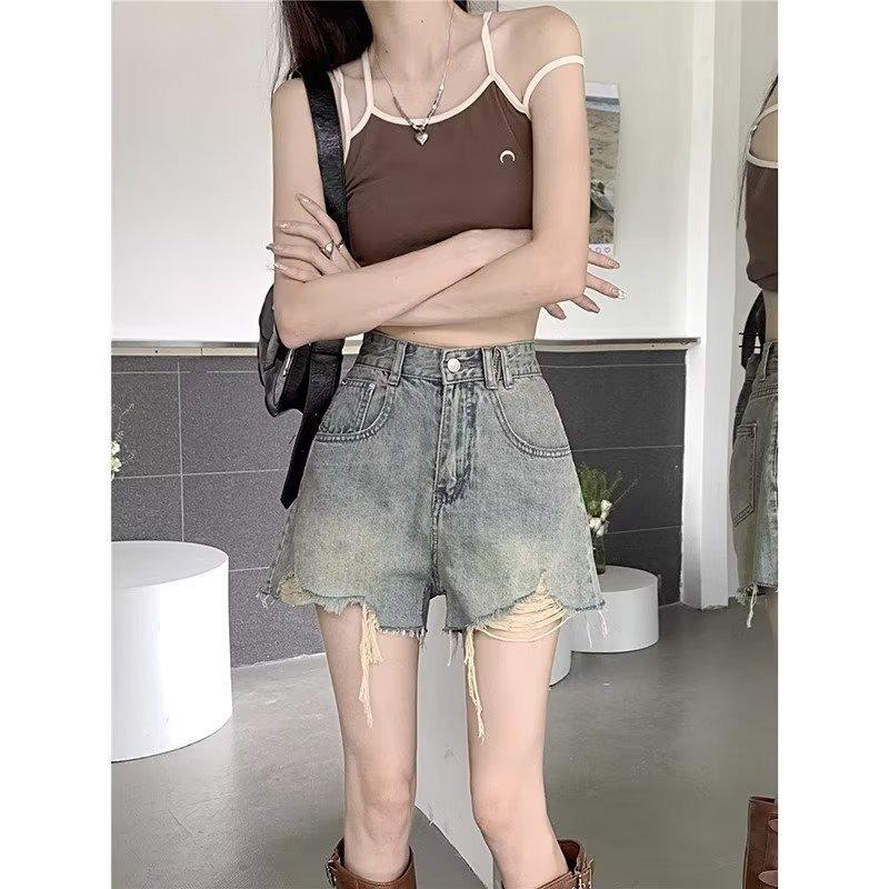 Ripped Denim Shorts Women's Summer Vintage High-waisted Slimming Design Wide-leg Pants