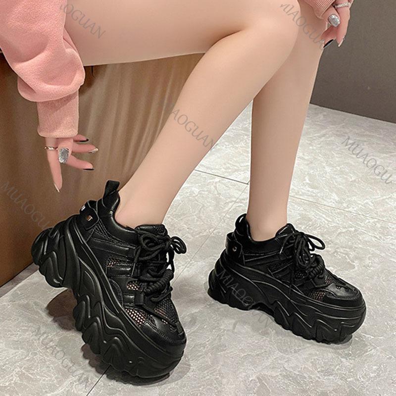 Fashion Spring Summer Thick Bottom Daddy Shoes Female Mesh Breathable Height Increase Hollow Casual Sneakers Mixed Color Platform Tenis