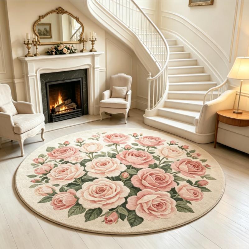French Style Bedroom Decor Round Carpet Fluffy Soft Carpets for Living Room Thicken Plush Lounge Mat Flower Pattern Washable Rug