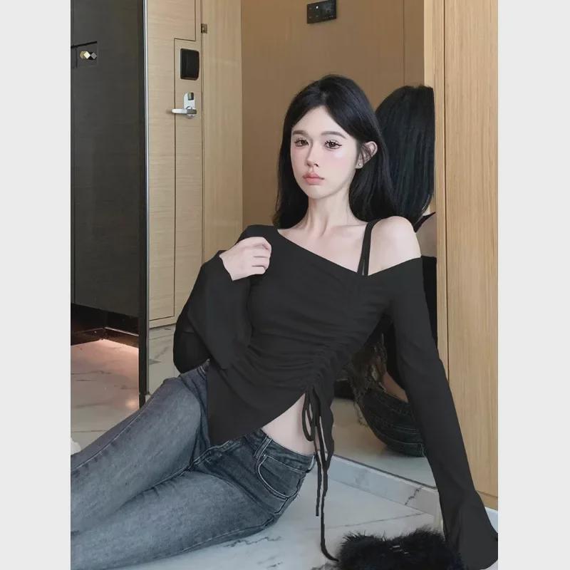 Рубашка с открытыми плечами, на кулиске, облегающего кроя, с длинным рукавом для женщин