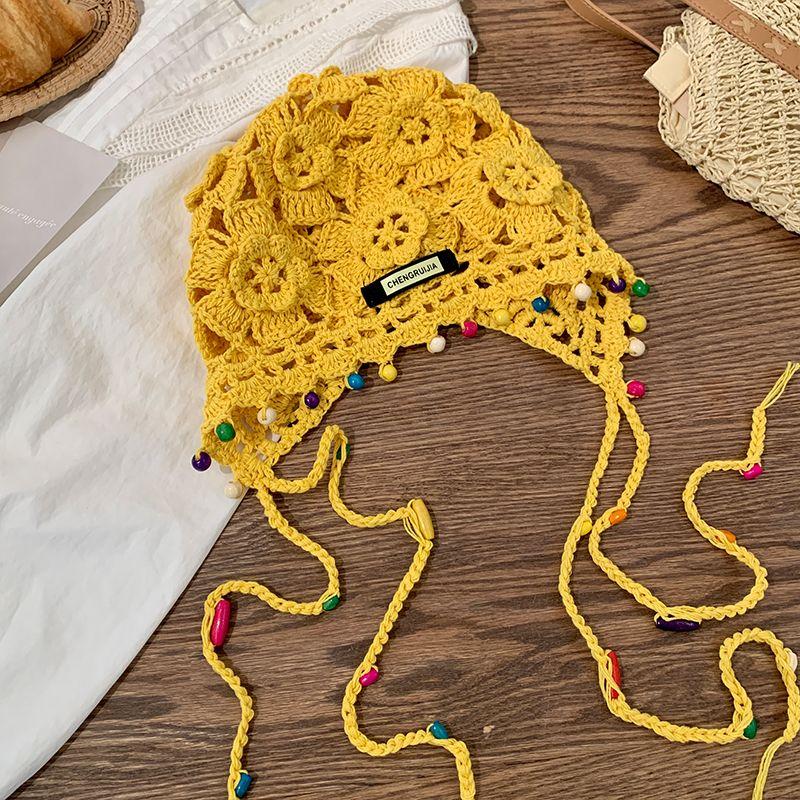 Богемная цветочная кисточка плетеная повязка на голову шляпа женская ретро полая этнический стиль мешковатая шляпа ручной вязки шапка