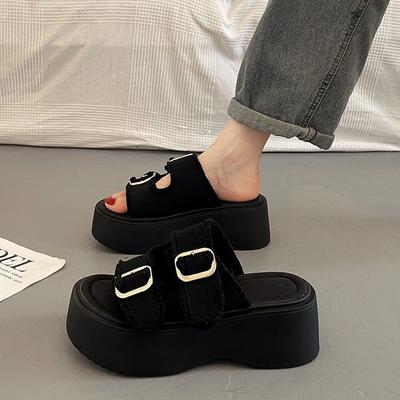 Женская обувь из импортного денима, туфли на платформе из парусины, женщины носят новые универсальные повседневные туфли на высоком каблуке с открытым носком весной и летом