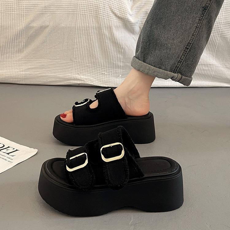 Женская обувь из импортного денима, туфли на платформе из парусины, женщины носят новые универсальные повседневные туфли на высоком каблуке с открытым носком весной и летом