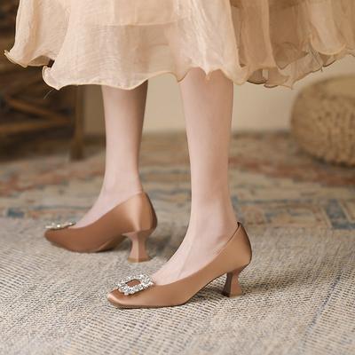 8-Квадратный носок, высокие каблуки, женская осенняя новинка, женская обувь, тонкий каблук, мелкий вырез, стразы, квадратная пряжка, темпераментные туфли-лодочки