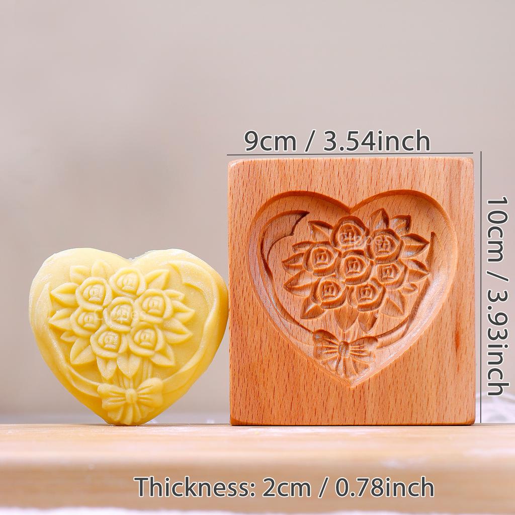 Wood Cookie Molds with Heart & Flower Patterns, 3D DIY Carved Embossed Cookie Cutter Moulds for Baking, Fondant Cake Biscuit