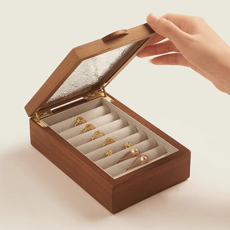 Solid Wood Ring Earrings Storage Jewelry Box Luxury Transparent Glass Cover Jewelry Organizer Aesthetic Display Boxes Bracelet Packaging Boxes Gifts