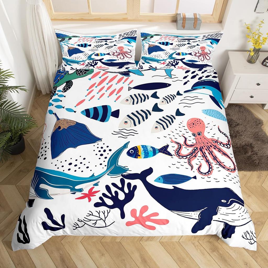 Teens Shark Duvet Cover Ocean Life Pattern Bedding Set for Kids Boys Girls Adult Dolphin Whale Comforter Cover Twin Queen Size