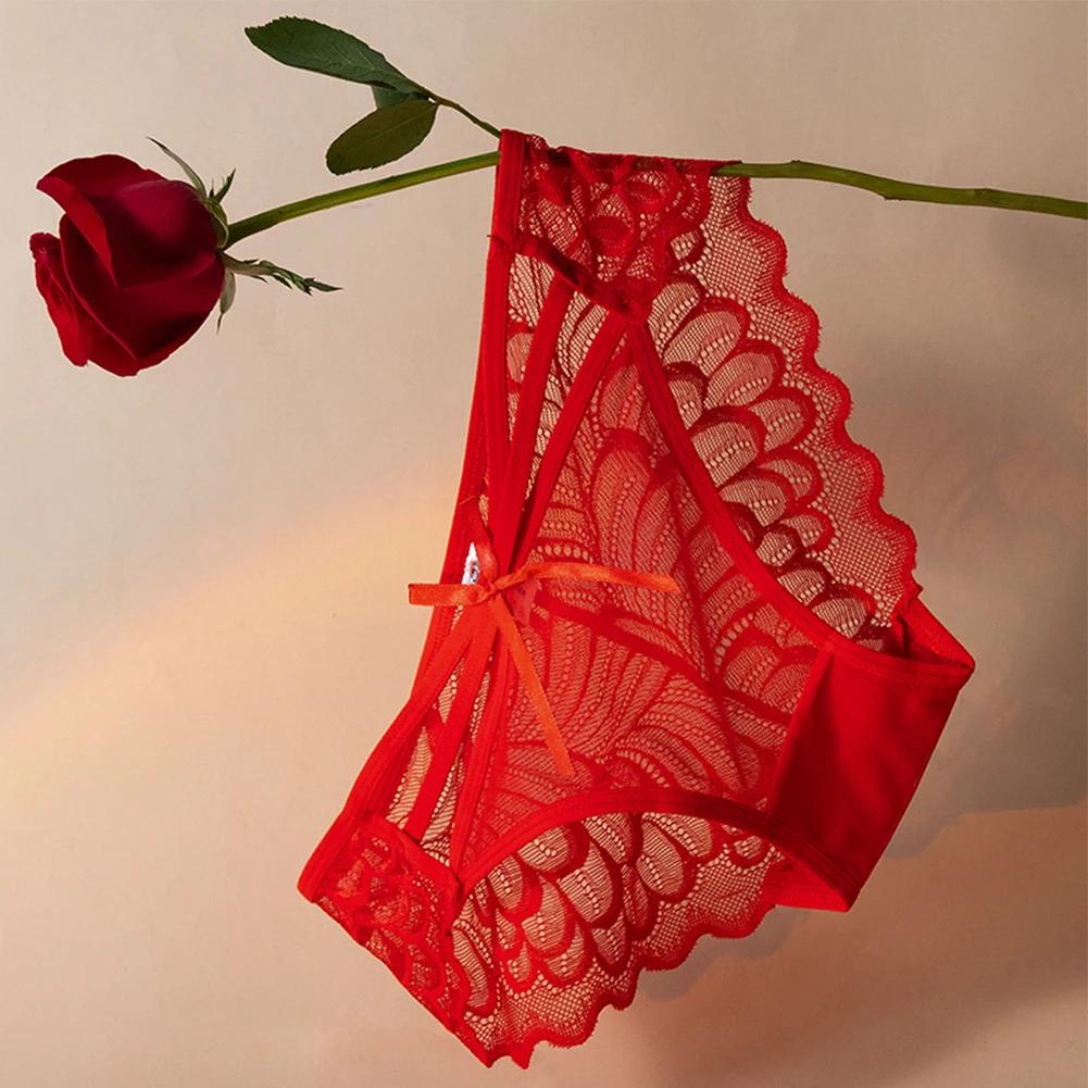 Women\'s Low Rise Lingerie Sexy Lace Mesh Bow Panties See Through Underwear Hot Girl Briefs Ultra-Thin Breathable Underpants