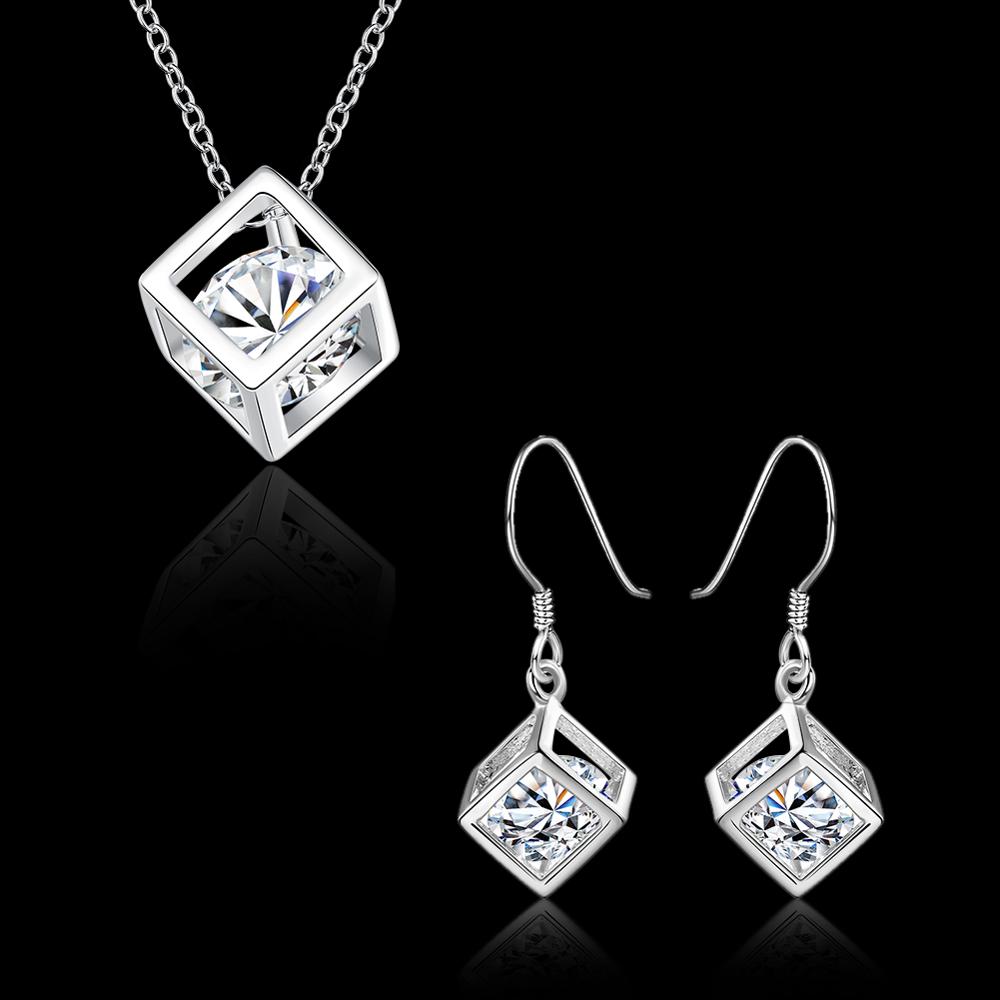 925 Sterling Silver Fine Jewelry Sets Zirconia Square Crystal Cube Pendant Necklace Earrings Jewlery Set For Women Gift 2-piece