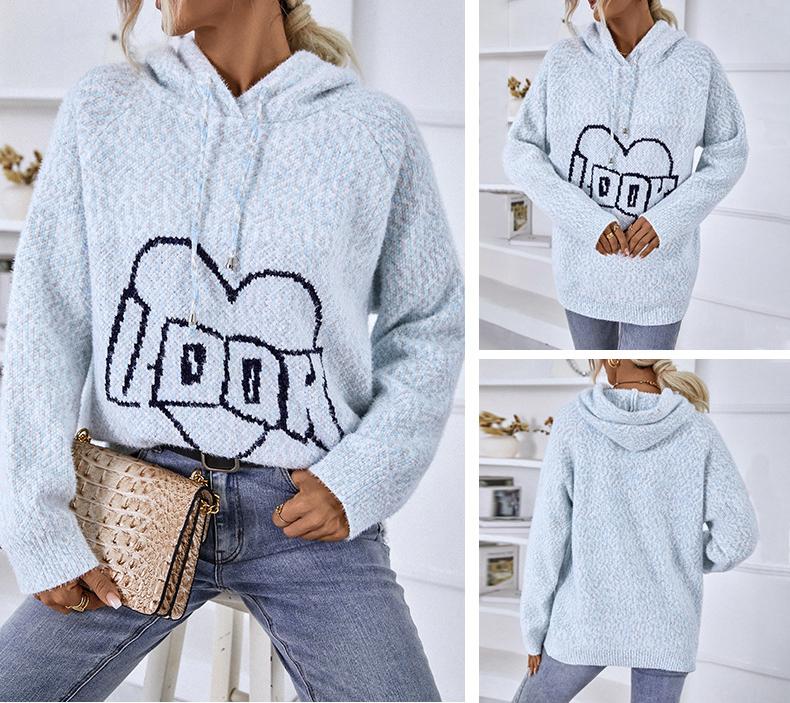 ZIMOXUAN Женский вязаный свитер с капюшоном и шнурком, вышивкой букв и длинными рукавами для повседневной носки