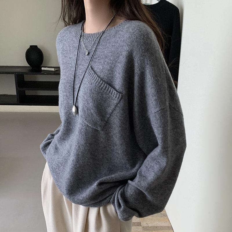 Gray Crew Neck Sweater Women'S Spring Long-Sleeved Casual Loose Diagonal Hanging Pocket Design Pullover Knitted Wool Bottoming Shirt
