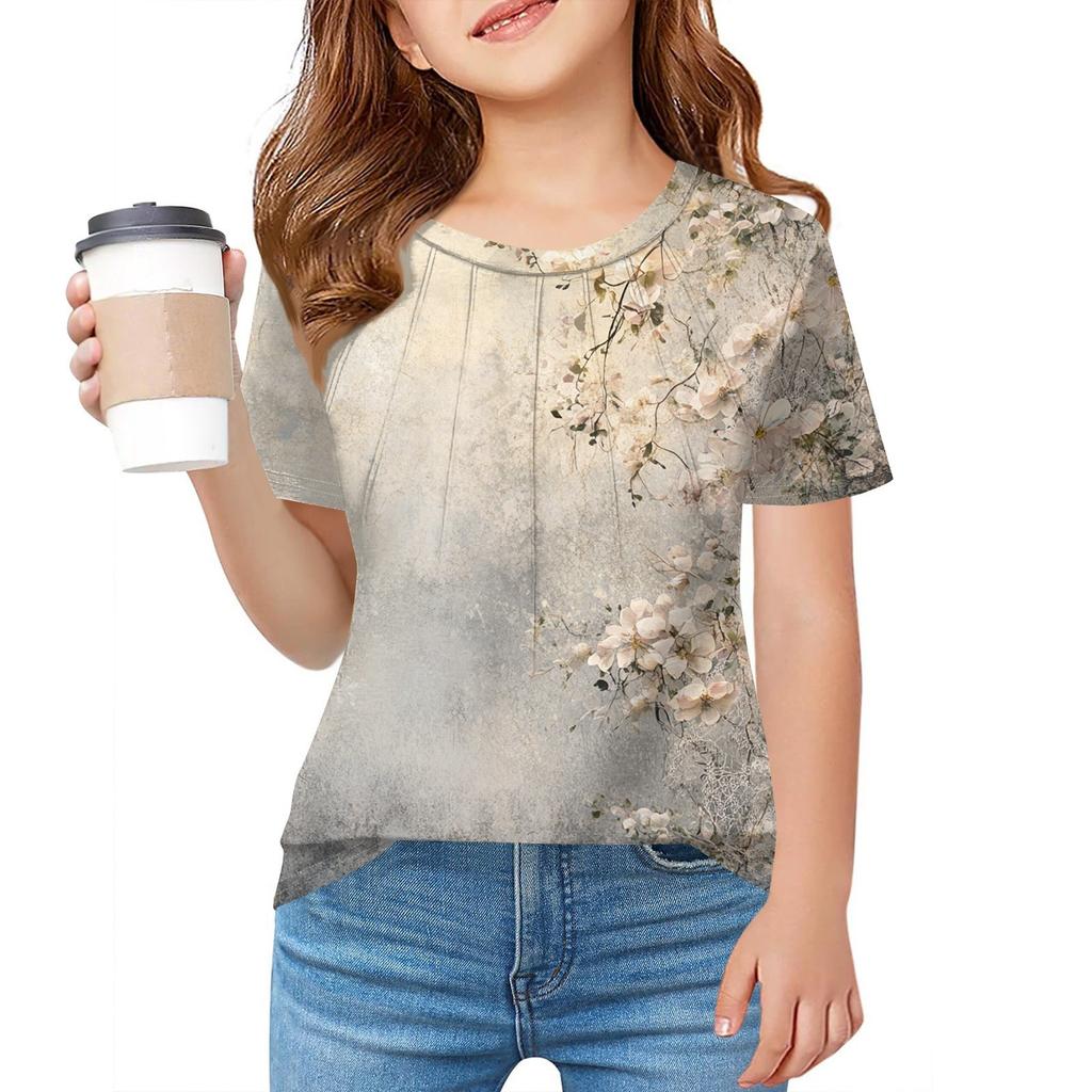 Детская футболка Fold A для девочек, летняя модная куртка с круглым воротником и цветочным принтом с короткими рукавами