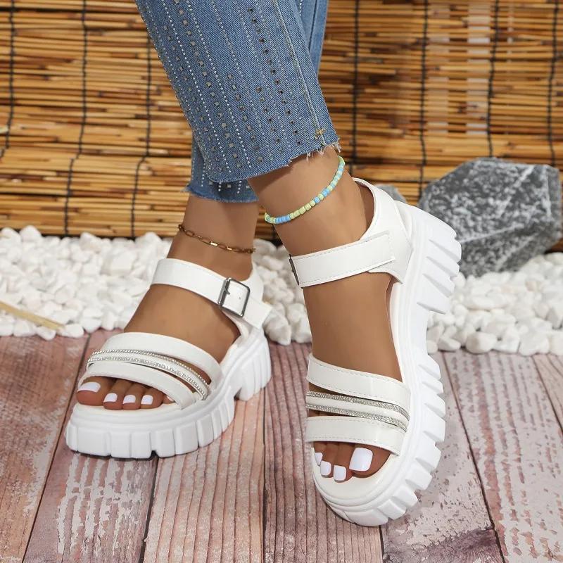Модная обувь для женщин 2024 года, высококачественные женские сандалии с ремешком на щиколотке, летние с открытым носком и пряжкой, однотонные повседневные сандалии на платформе больших размеров