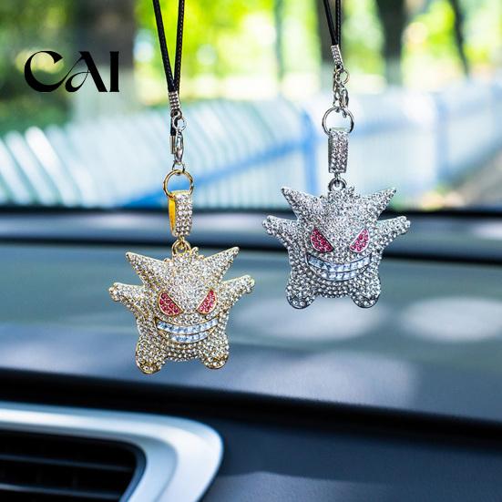 Unique Gift for Friends Bling Car Accessories, Cute Rhinestone Devil Rear View Mirror Alloy Hanging Pendant Charm, Halloween Auto Interior Vehicle