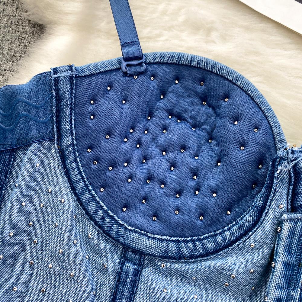 Летний женский сексуальный клубный джинсовый бюстгальтер на бретельках, роскошный бюстгальтер-поло с жемчугом и бисером, облегающее Корректирующее белье для танцев