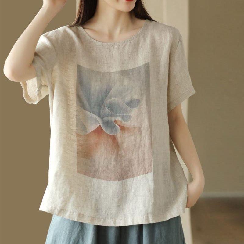 Футболка с короткими рукавами из хлопка и льна с принтом в стиле ретро, литературная тематика. Летний свободный и облегающий повседневный и универсальный топ-пуловер.