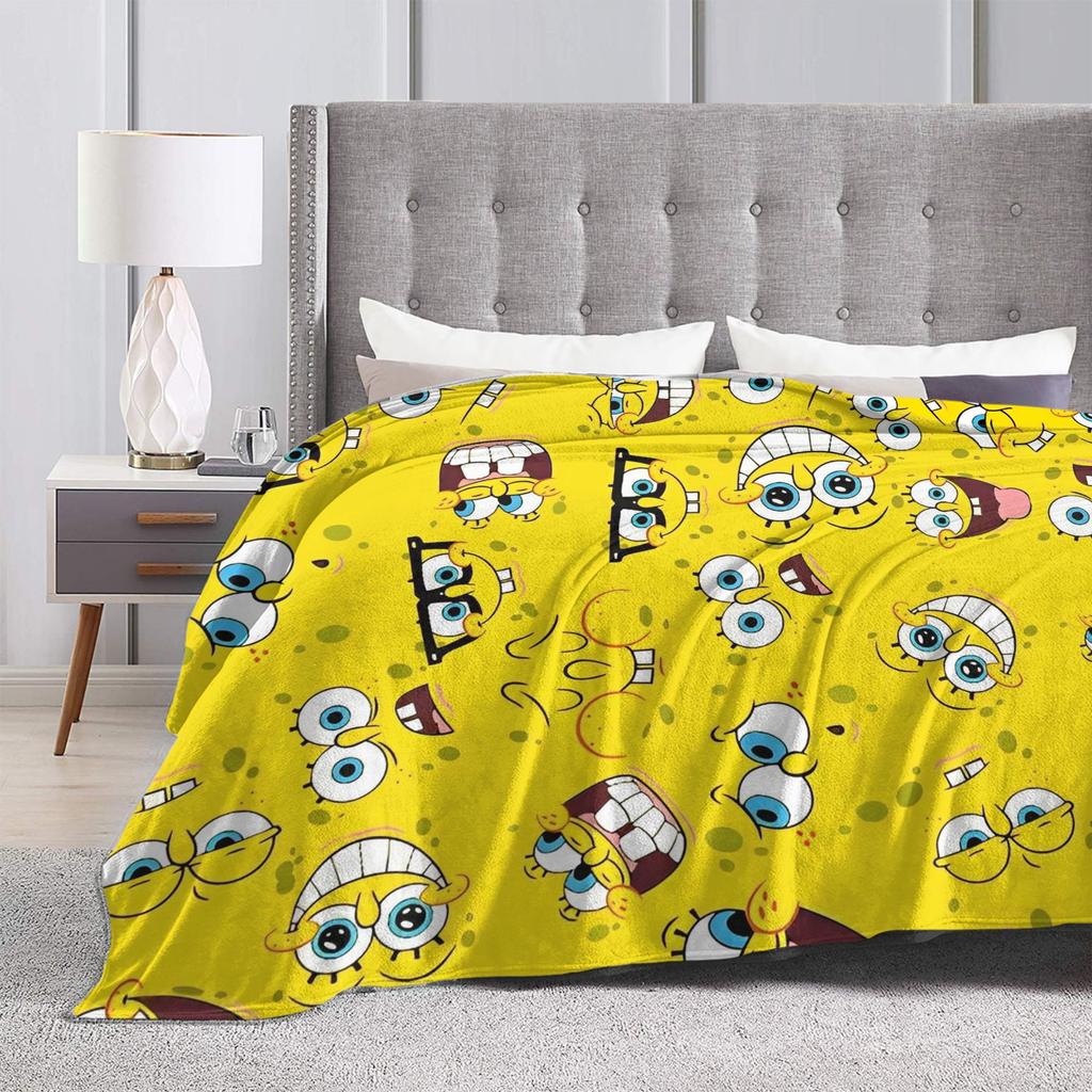 Yellow Cartoon Blankets SpongeBob SquarePants Flannel Funny Breathable Throw Blanket for Chair Covering Sofa Textile Decor