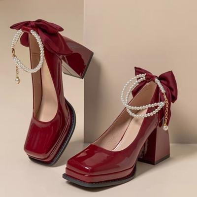 Женские туфли-лодочки Новые туфли Мэри Джейн на платформе с жемчужным бантом Женские трендовые туфли на высоком толстом каблуке Роскошные элегантные свадебные туфли для невесты