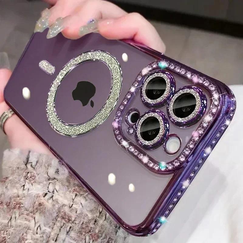 Роскошный блестящий прозрачный защитный чехол для iPhone 15 16 11 12 13 14 Pro Max 16 Plus Magsafe Magnetic Wireless Charging Clear Cover