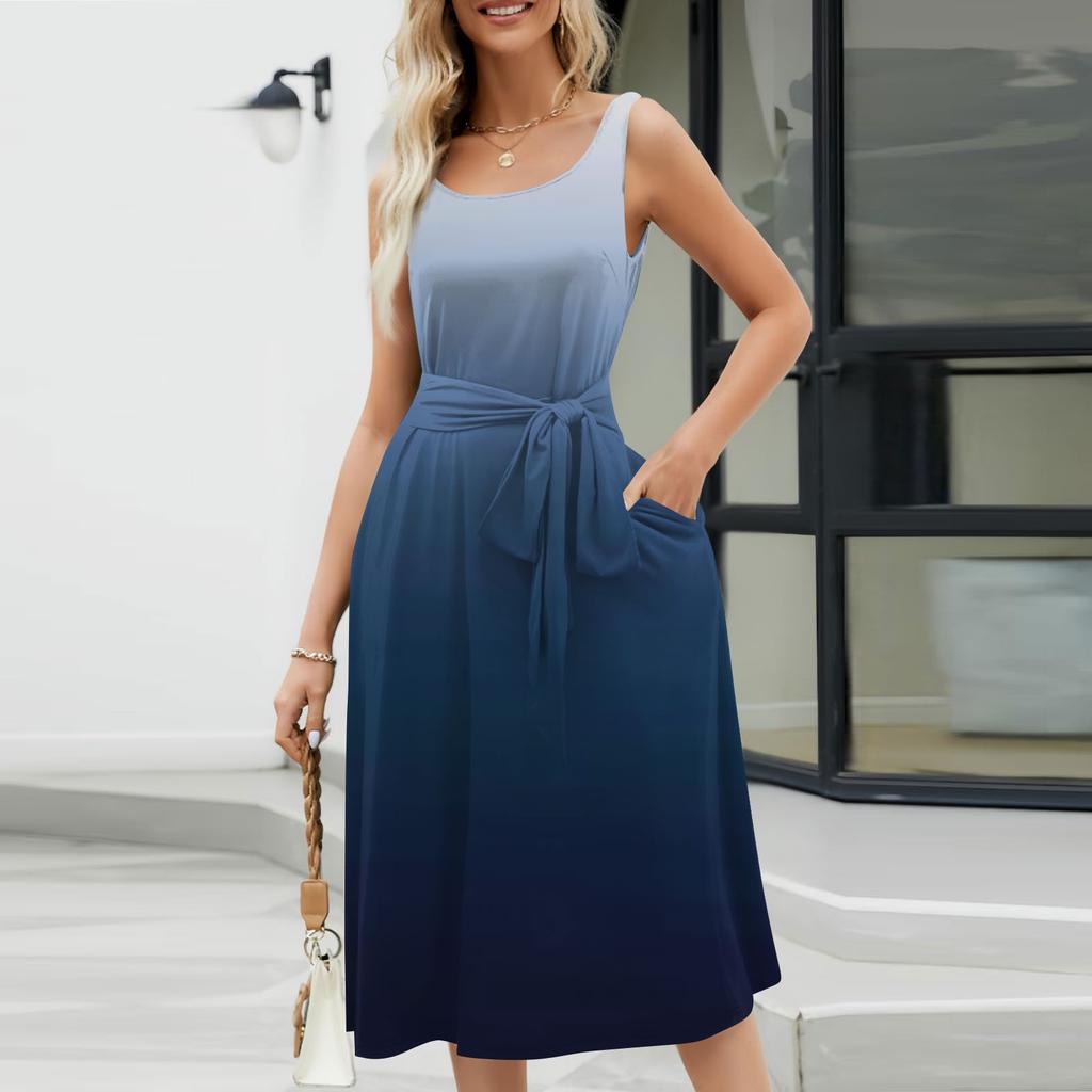 Летние платья для женщин 2024, пляжные свободные с круглым вырезом, без рукавов, миди-трапеции, распашное платье, сарафаны с карманами