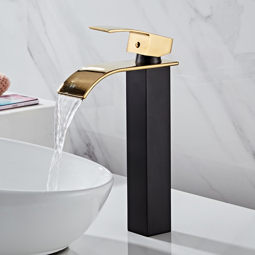 Bathroom Waterfall Basin Sink Faucet Gold Faucets Brass Bath Faucet Hot&Cold Water Mixer Vanity Tap Deck Mounted Washbasin Tap