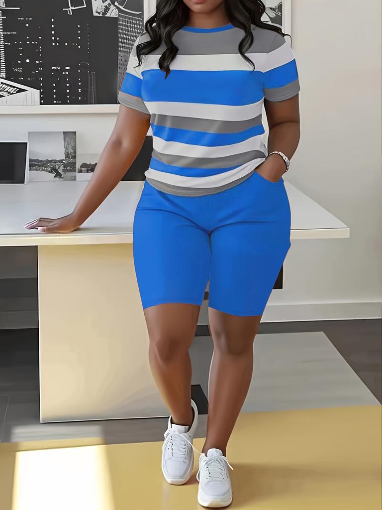 Trendy Plus Size 3d Print Women's Two Piece Set Striped Short Sleeve Top and High Waist Shorts Casual Outfit