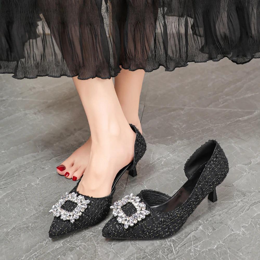 Fashionable Korean Style Diamond Ladies High Heels Low Cut Single Shoes Sharp Pointed Toe Ultra Thin Heel Women's Footwear