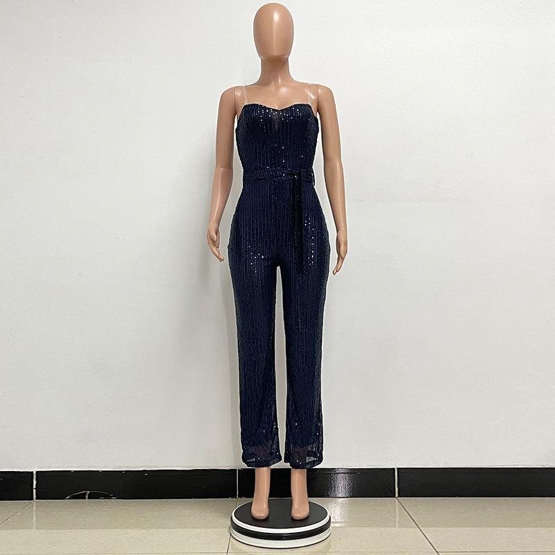 Женский комбинезон без рукавов с поясом из пайеток, однотонный, с открытой грудью и спиной