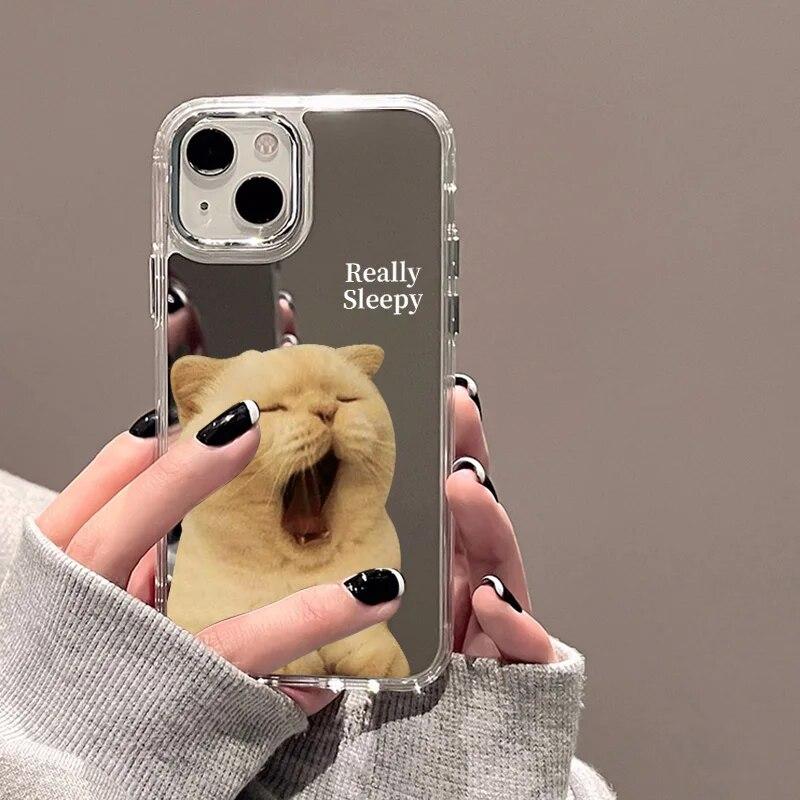 Korean Cute Cartoon Cat Mirror Phone Case For iPhone 15 Pro Case iPhone 14 11 12 13 Pro Max X XS XR Shockproof Love Heart Cover