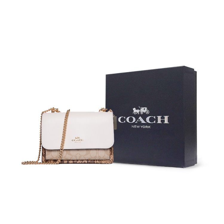 Coach Klare 21 Classic Color Block Chain Canvas And Leather Accordion Bag Women handbags White Brown 1424-IMR2K