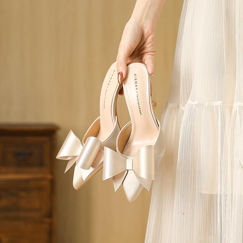 Модные новые туфли-лодочки на шпильке с бантом, женские классические атласные темпераментные шлепанцы на высоком каблуке