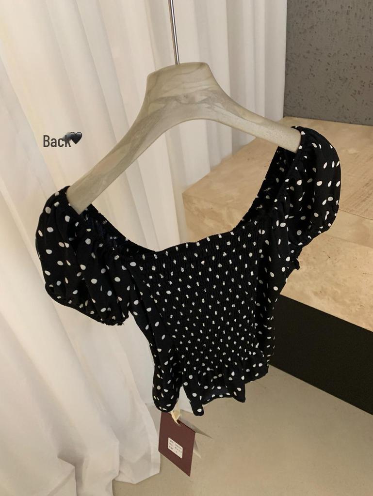 Женская блузка в горошек с коротким рукавом и квадратным вырезом со шнуровкой Guangzhou - Осенне-зимний тренд