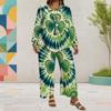 Women Plus Size Round Neck Long Sleeve Clover Printed Top Wide Leg Cropped Pants Two Piece Set