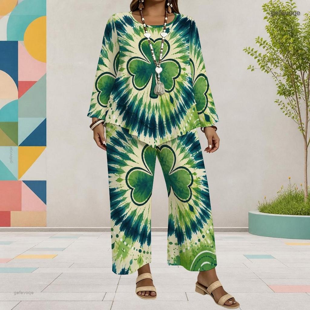 Women Plus Size Round Neck Long Sleeve Clover Printed Top Wide Leg Cropped Pants Two Piece Set