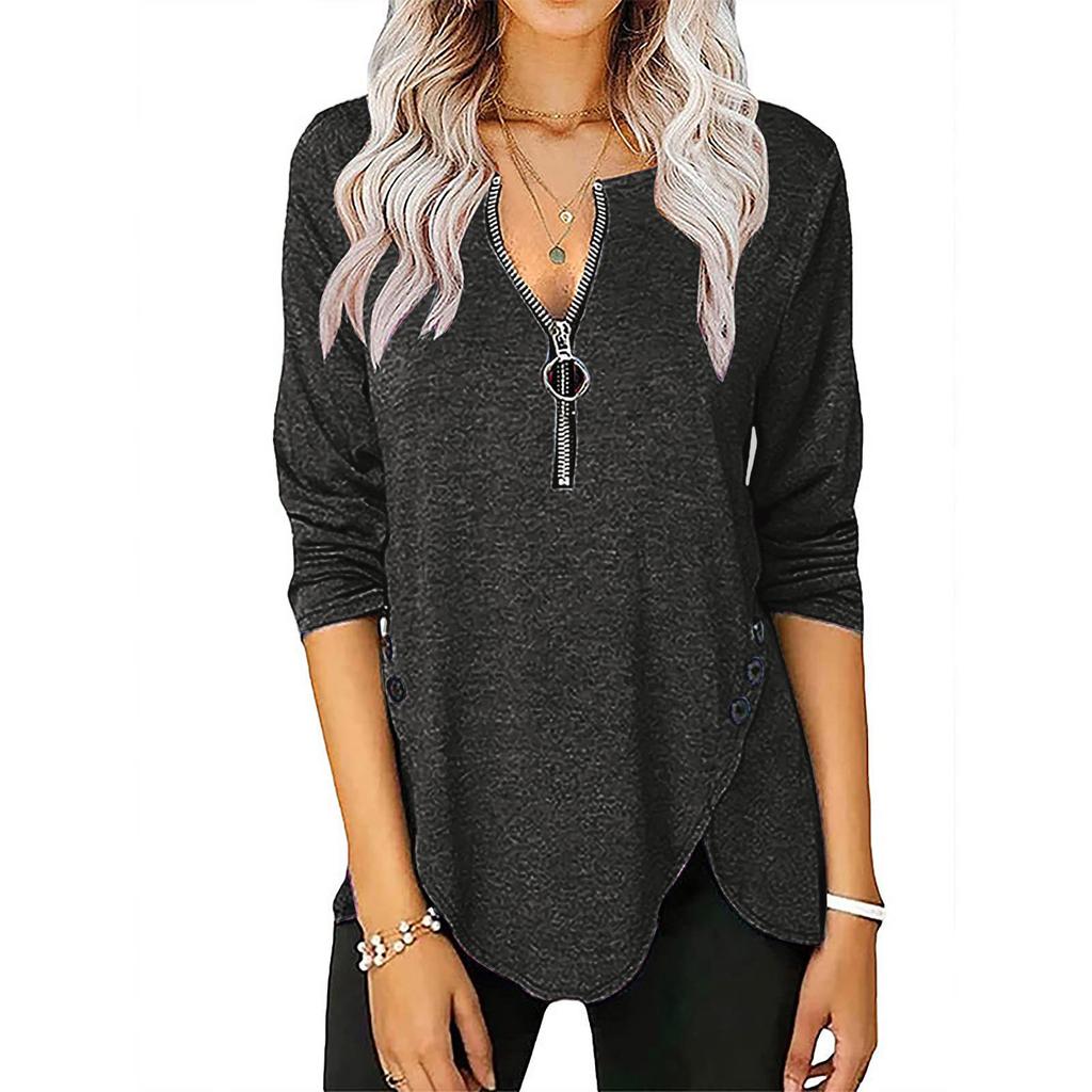 Женская повседневная осенняя футболка с длинными рукавами на молнии и пуговицах