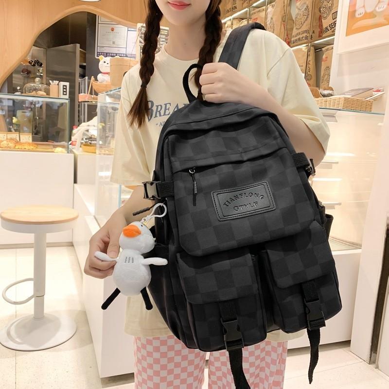 Academy Style Plaid Backpack For Women 2023 New Cross-border Middle School Student Bag Large Capacity Travel Double Shoulder Bag White
