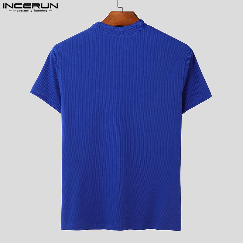 INCERUN Летние мужские повседневные футболки с воротником-стойкой и короткими рукавами с боковыми пуговицами в рубчик